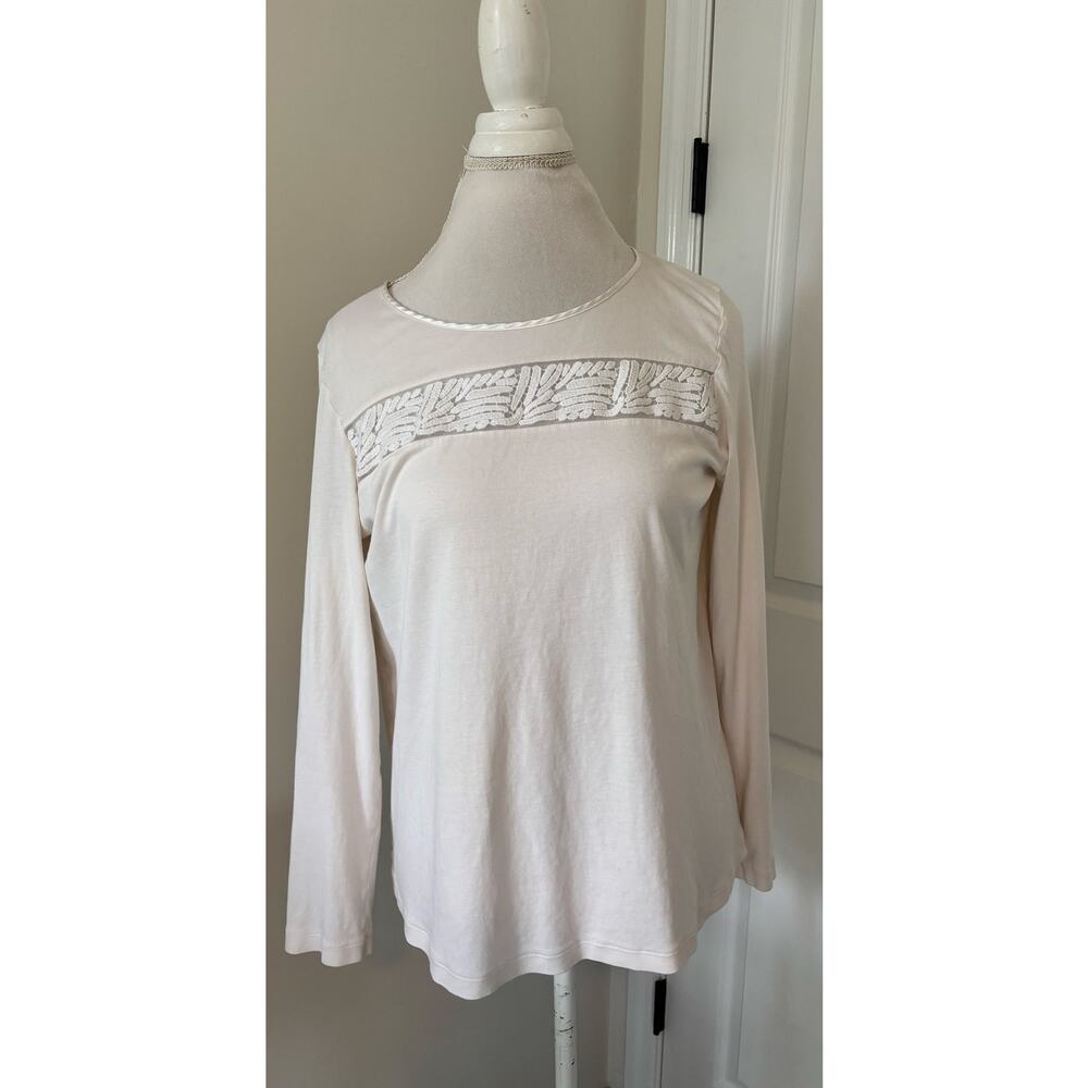 Hanro Medium Ivory Long Sleeve Lace Detail Front Shirt Tan